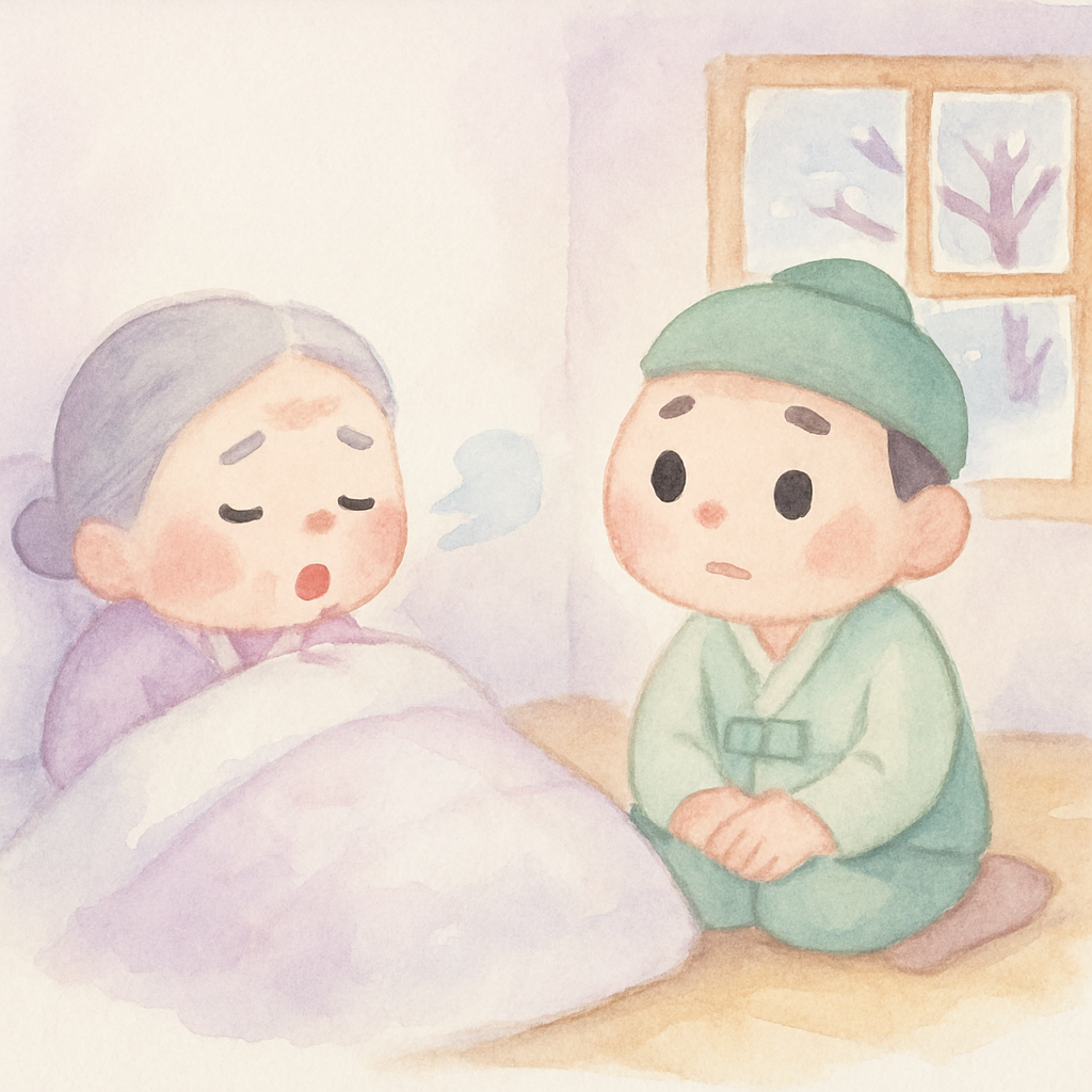 추운 겨울날 이불 속에서 기침하며 아픈 나무꾼의 어머니